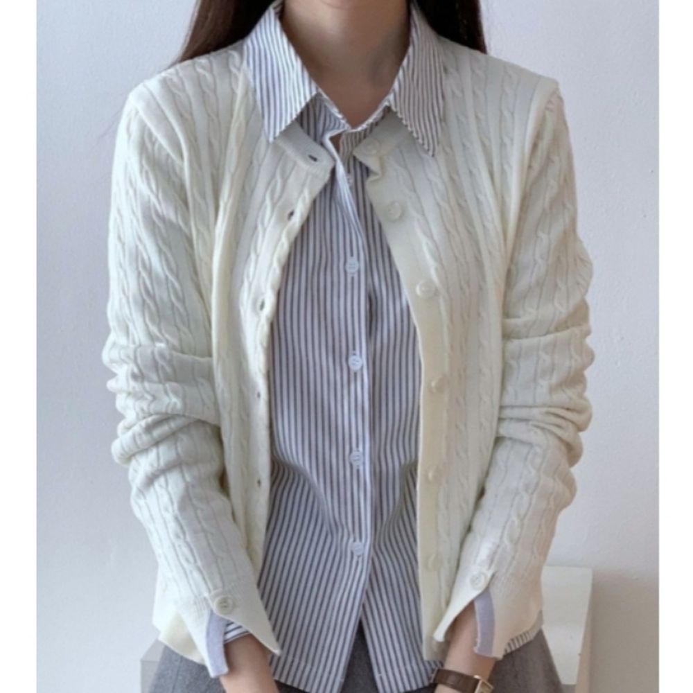 經典麻花編織圓領針織外套-米白 (FREE)