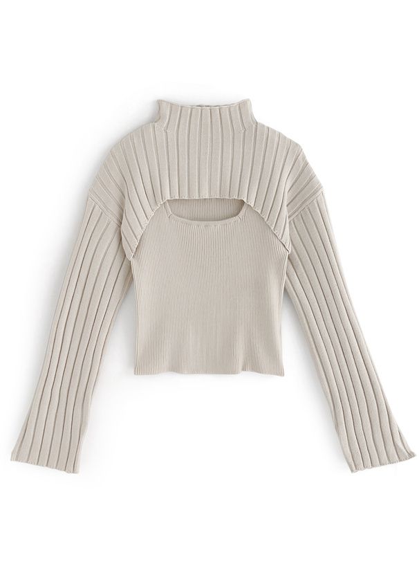 日本 GRL - 小立領羅紋兩件式針織上衣-灰藍 (F)