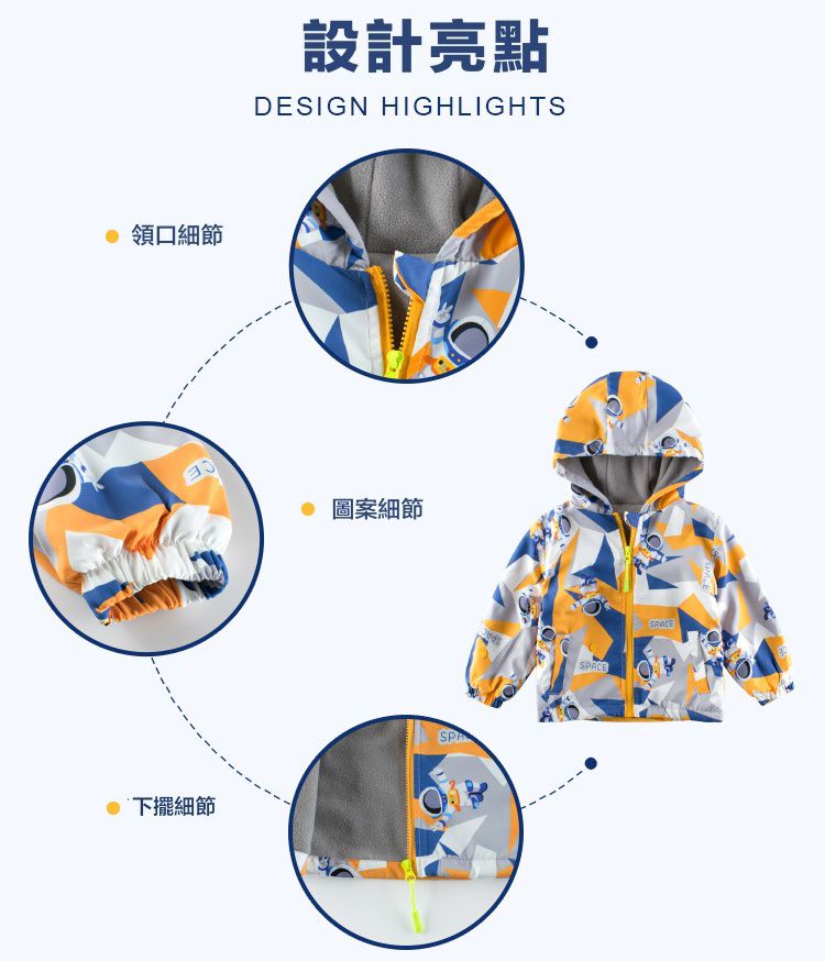 連帽加絨衝鋒外套-幾何迷彩太空人-藍色