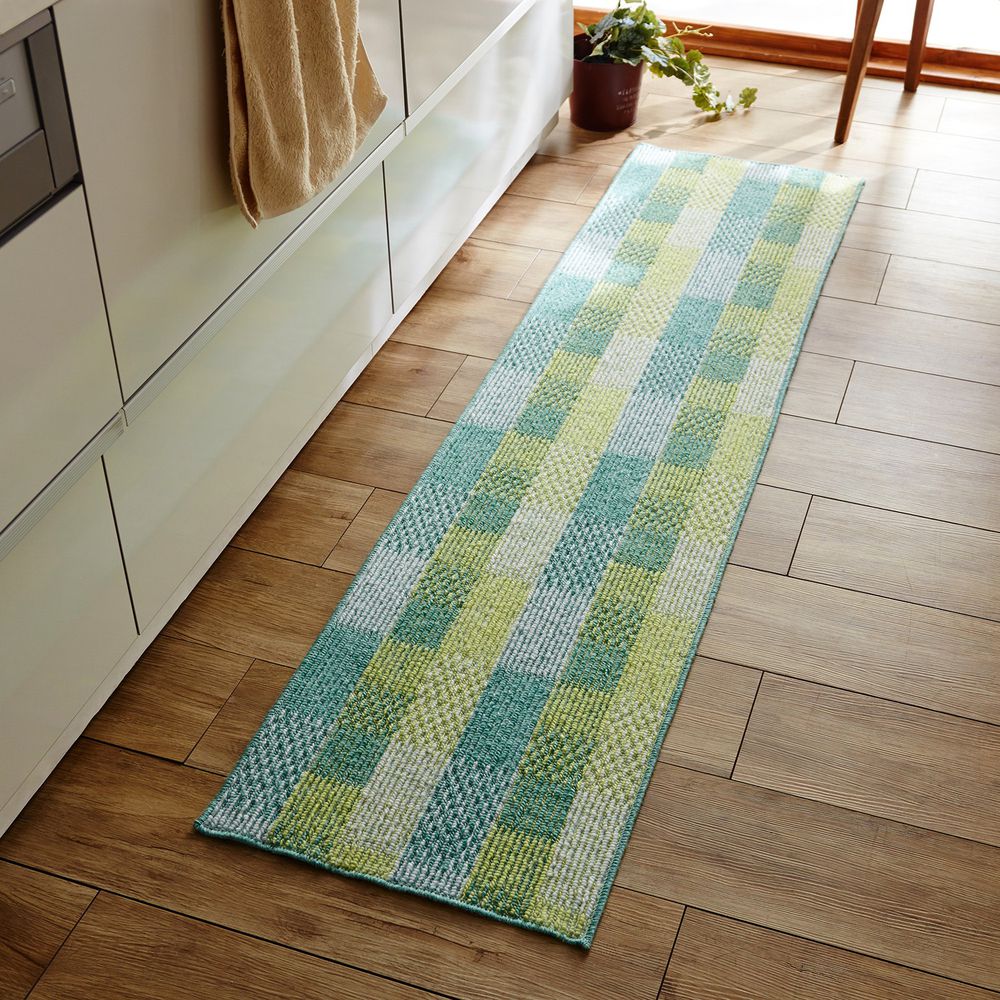 日本千趣會 - 日本製 輕薄編織舒適腳踏墊(廚房/臥室)-藍綠格紋 (45x180cm)