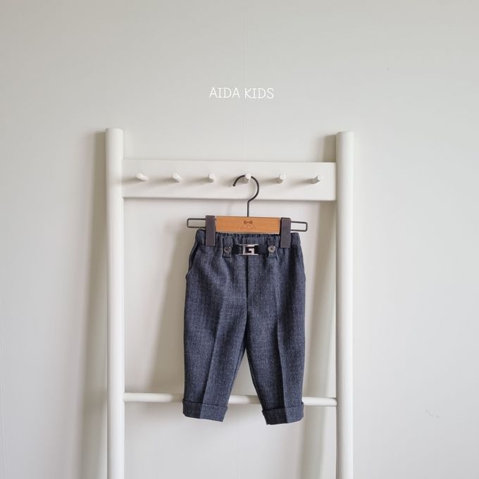 韓國 AIDA - 裝飾腰帶鬆緊腰直筒長褲-黑灰