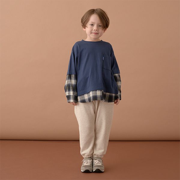 日本 b-ROOM - 假二件寬版大口袋長袖上衣-海軍藍x灰格紋