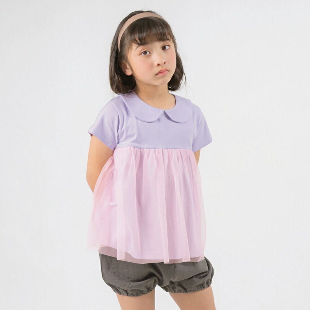 日本 evercloset - 甜美雙層紗娃娃領短袖上衣-粉橘