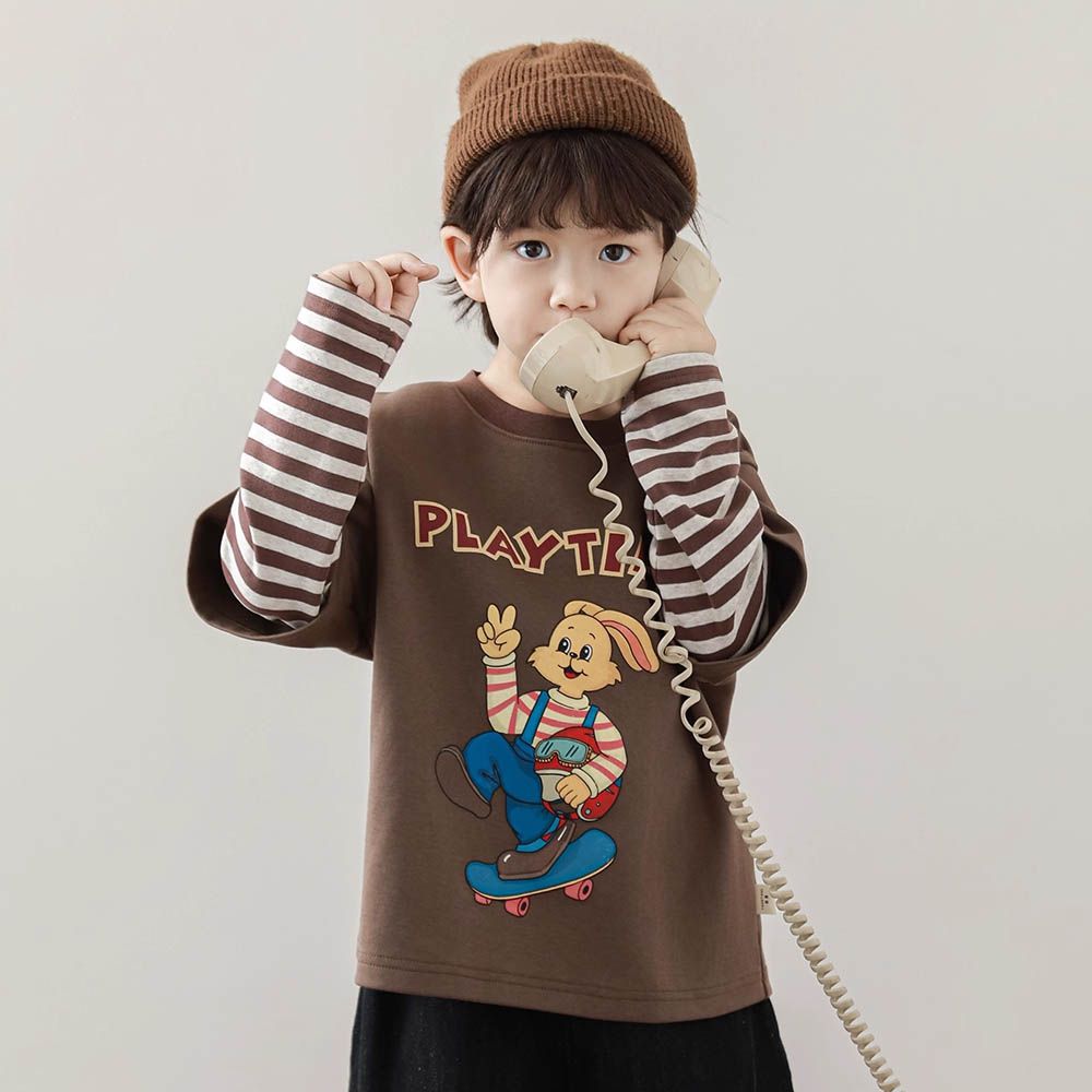 圓領假兩件長袖上衣-玩樂時間-咖色