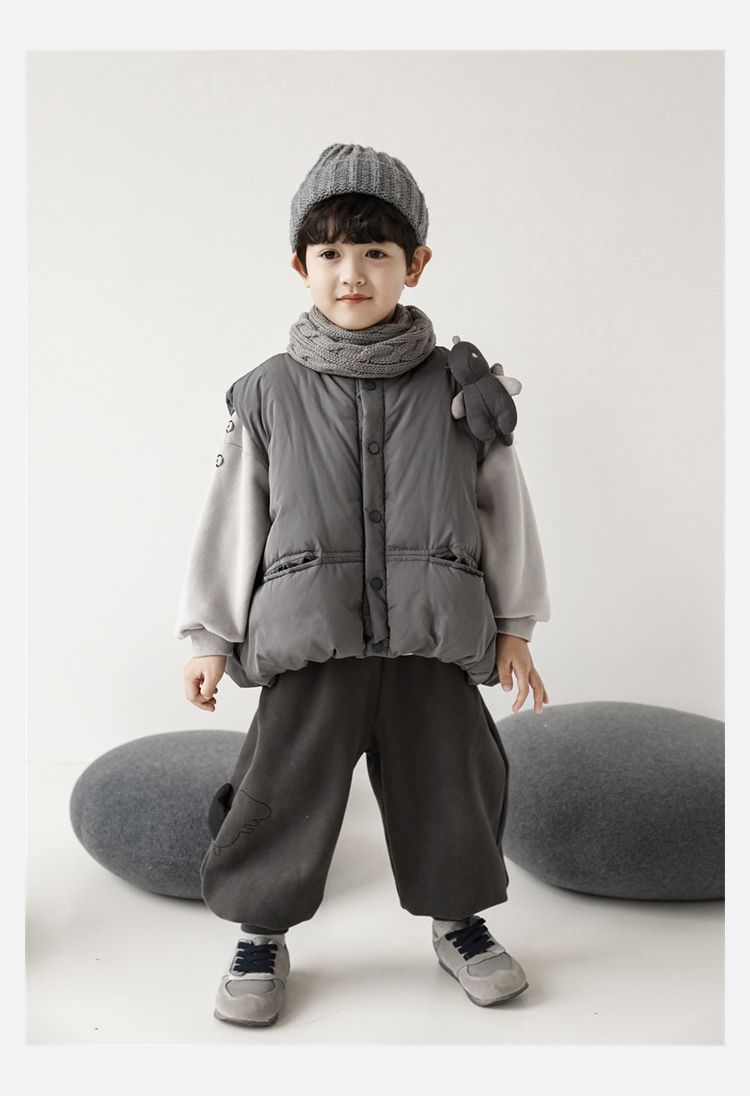 TONGMO - (加絨)腰鬆緊休閒束口長褲-描邊恐龍-深灰色