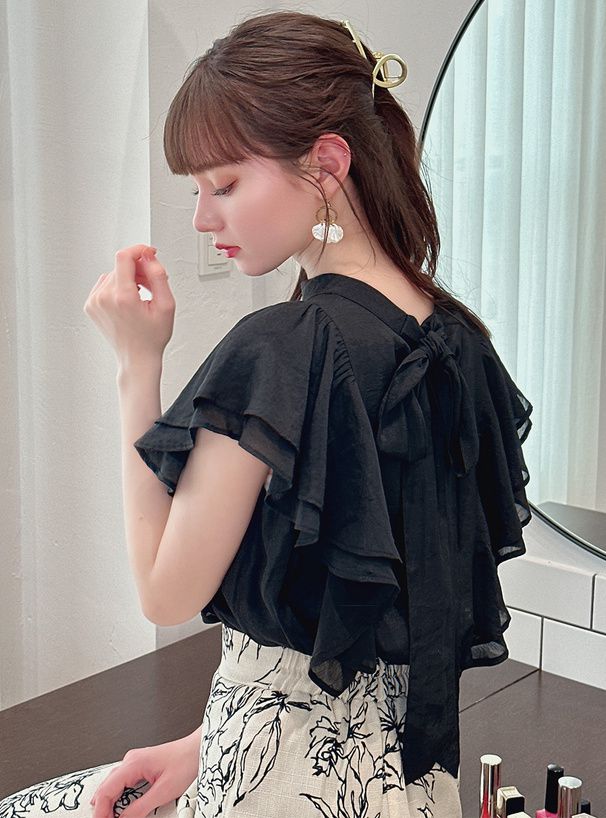 日本 GRL - 浪漫扭結波浪層次修身短袖上衣-經典黑