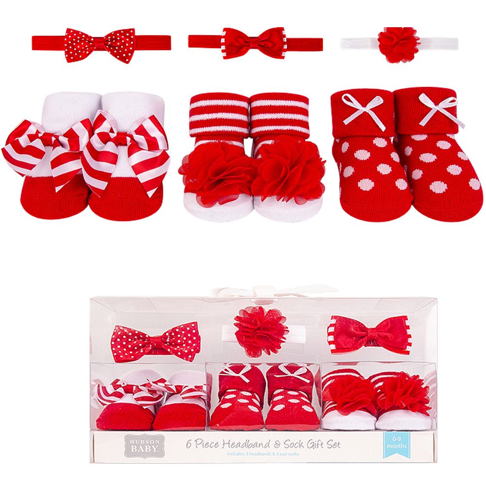 美國 luvable friends - 甜蜜寶貝3入嬰幼兒髮飾+3入嬰兒襪/寶寶襪/初生襪禮盒組-條紋點點 (0-9M)