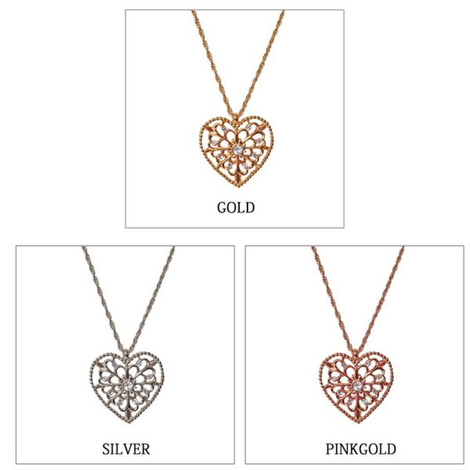 日本 Melody Accessory - 日本製 古典鏤空心形寶石長項鍊-玫瑰金