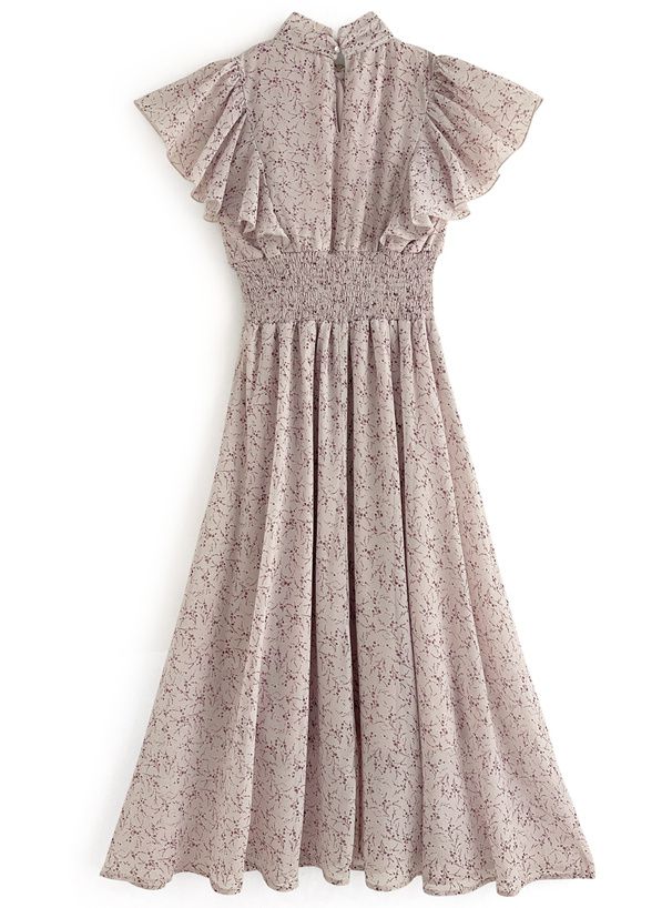 日本 GRL - 華麗扭結荷葉袖碎花洋裝-淺桃粉