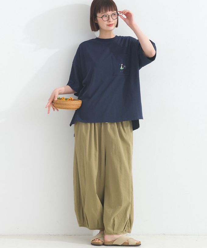 日本 Lupilien - 16支天竺棉俏皮動物刺繡大口袋短袖T恤-海軍藍