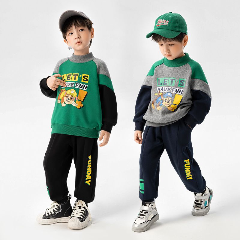 卡通汪汪隊加絨半高領長袖套裝-卡通人物阿奇-灰色