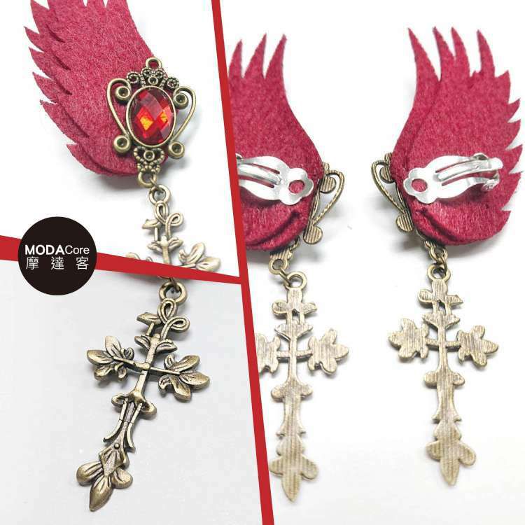 MODACore 摩達客 - ★萬聖節派對★精緻手作復古歌德式十字架酒紅色耳環耳夾兩入一對_Cosplay變裝化妝舞會 一組(二入)