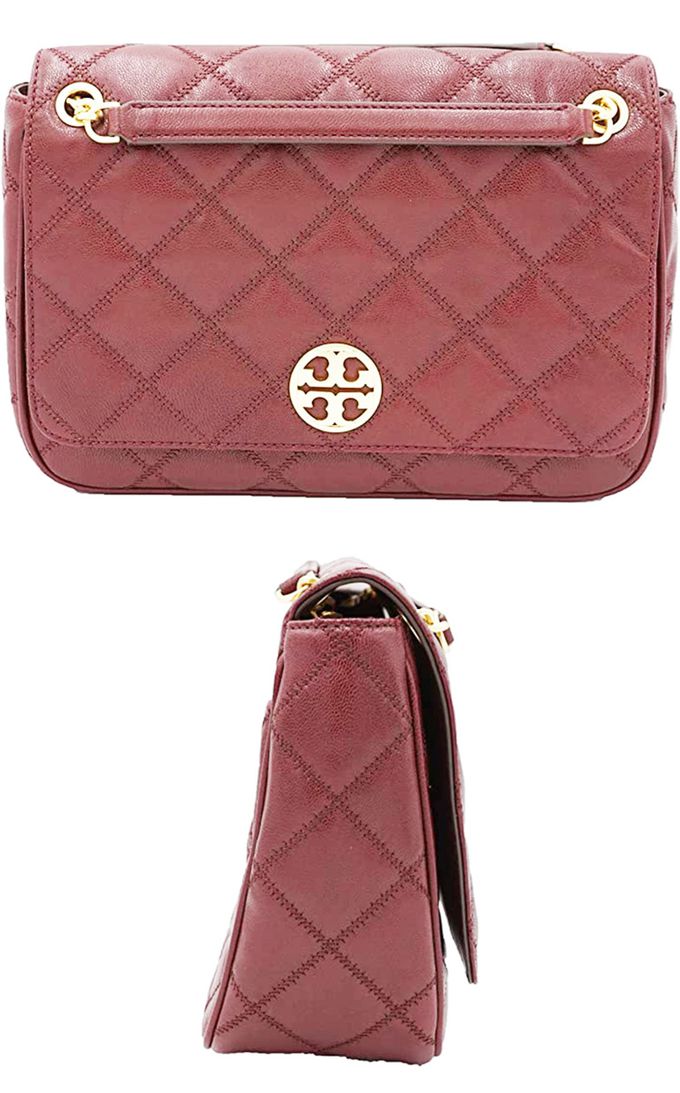 TORY BURCH - 菱格紋皮革翻蓋斜背鍊包 (珊瑚蜜桃色)
