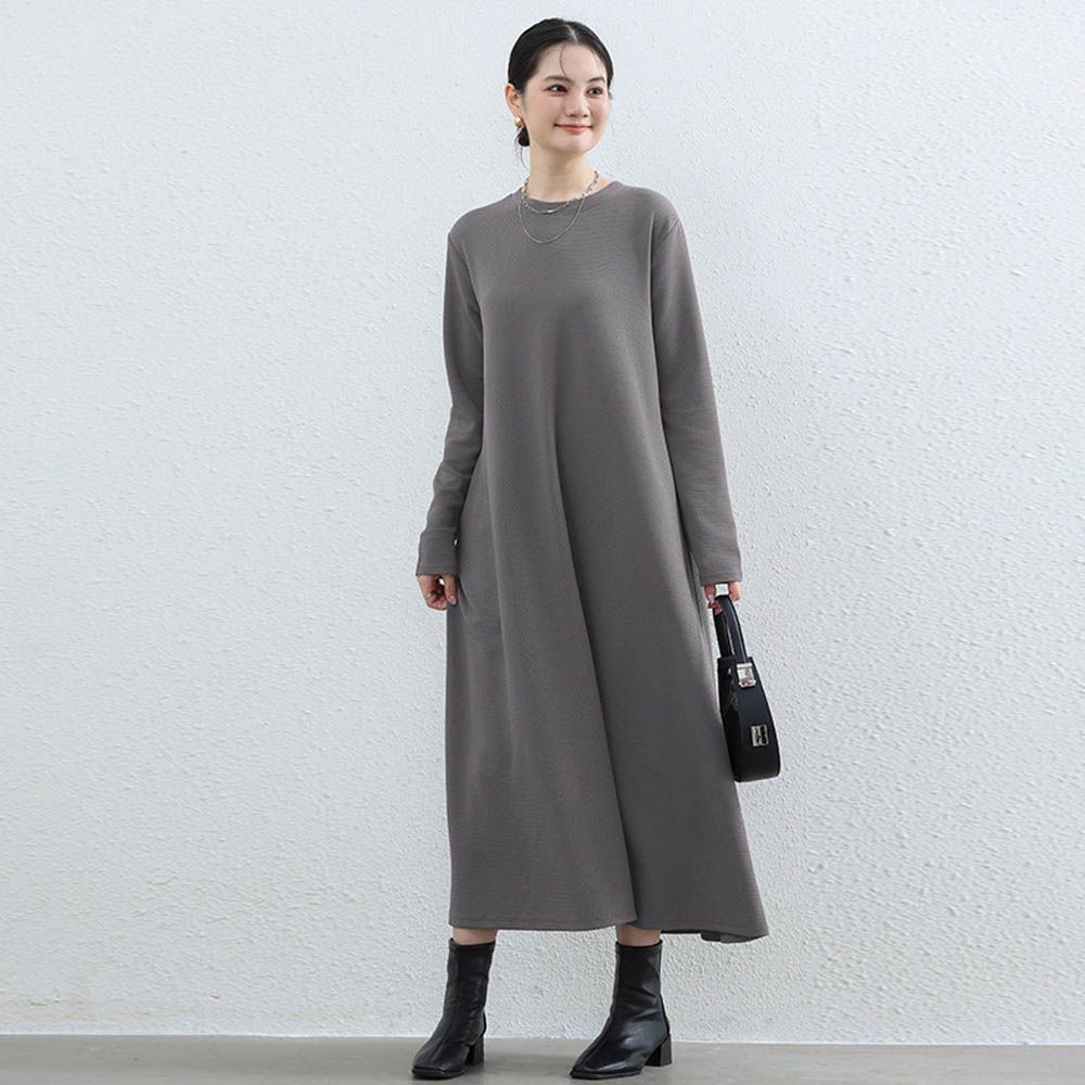 氣質華夫格顯瘦A字長袖長洋裝-灰色