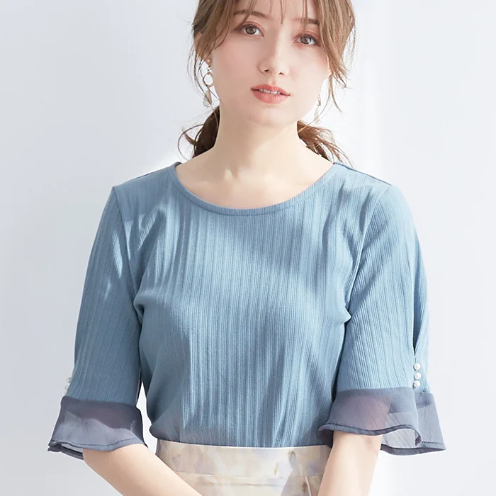 日本 BELLUNA - 氣質直羅紋異材質薄紗拼接五分袖上衣-黑