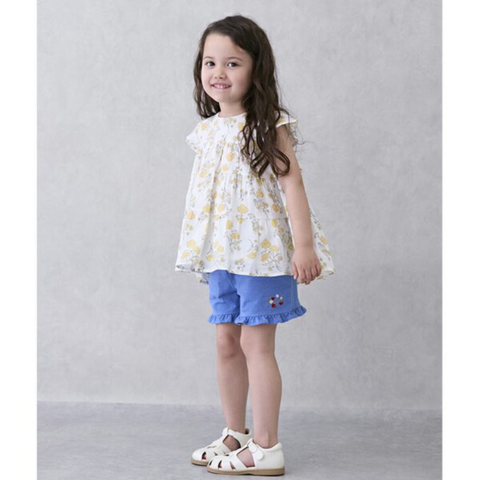 日本 petit main - 可愛荷葉邊短褲-貝殼刺繡-紫