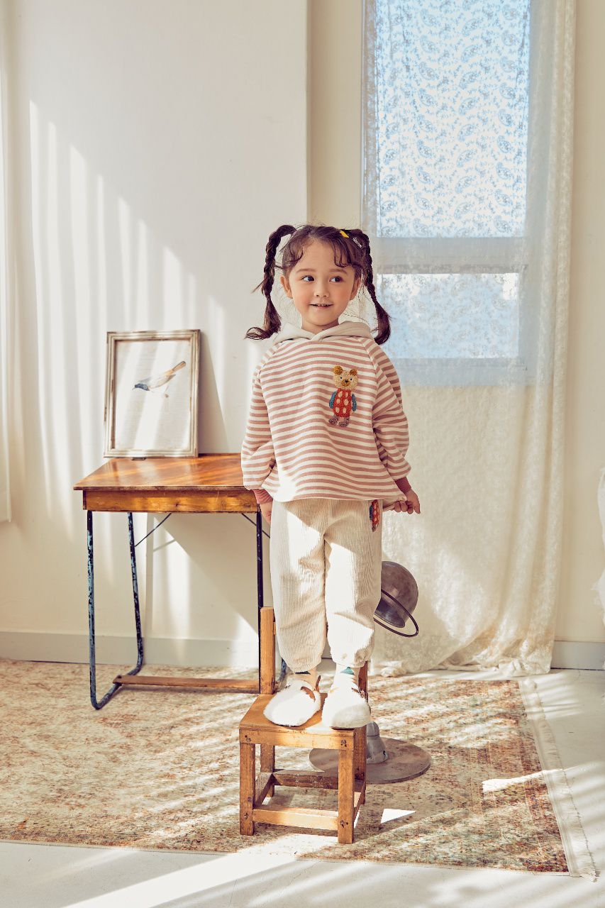 韓國 Mimico - (裏起毛)立體熊熊條紋連帽T-暗粉