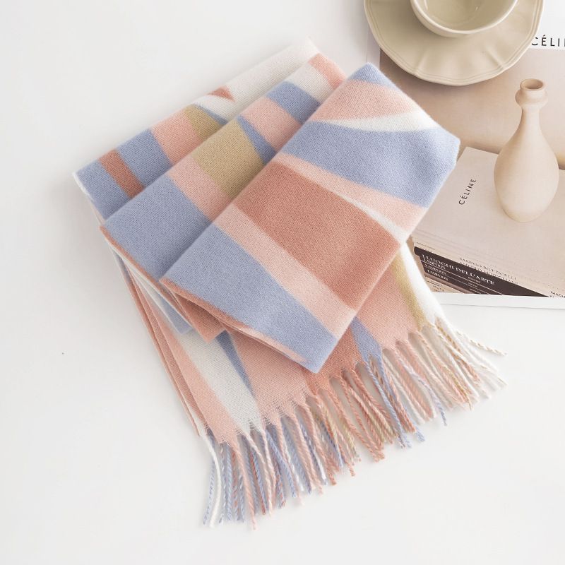 甜美風仿羊絨保暖圍巾-粉+藍 (180x50cm)