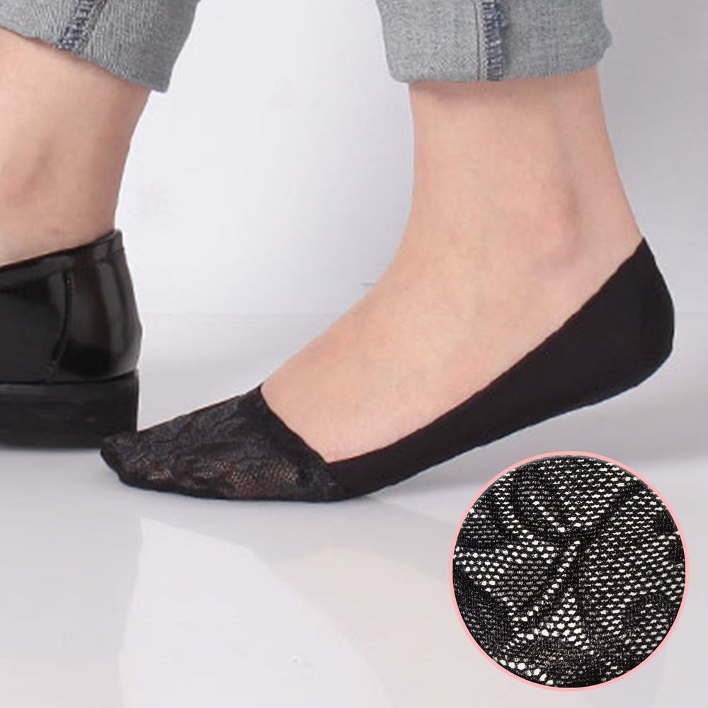 日本 okamoto - 超強專利防滑ㄈ型隱形襪-深履款-黑蕾絲 (23-25cm)-足底棉混