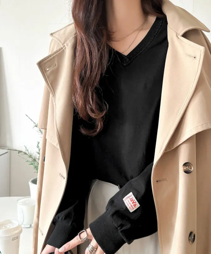 日本 Classical Elf - Java 簡約顯瘦V領長袖上衣-黑