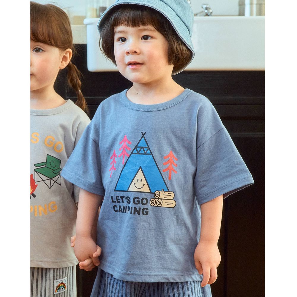 First Blue 露營圖案純棉短袖上衣-帳篷-灰藍