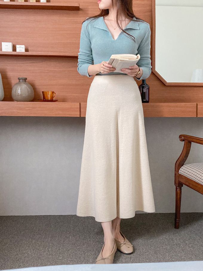 韓國女裝連線 - 浪漫開衩領羊毛針織上衣-燕麥杏 (FREE)