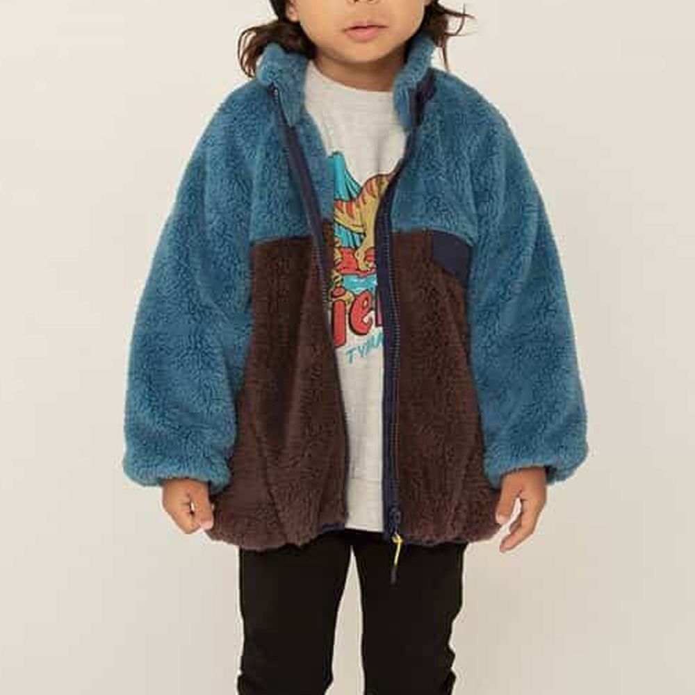 休閒保暖絨毛外套／夾克-撞色-藍綠X咖啡