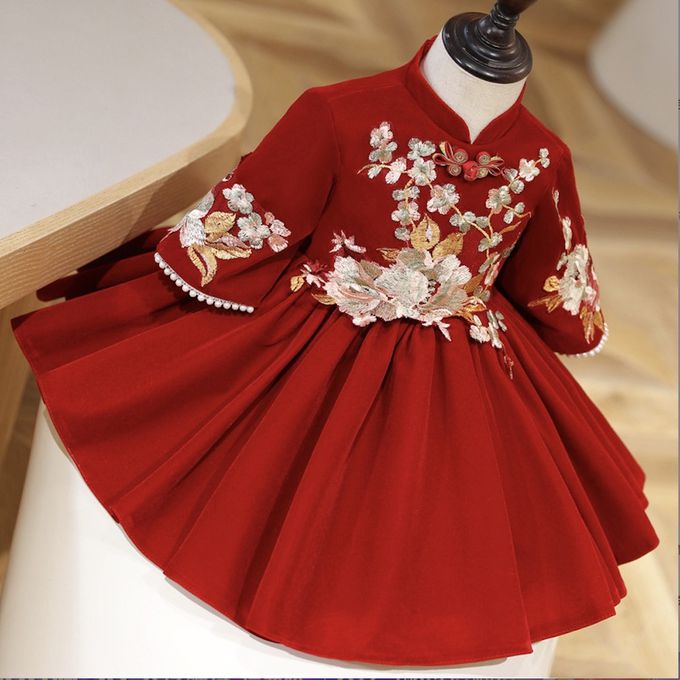 love, charlotte - 氣質中式繡花旗袍領絨面拜年洋裝禮服