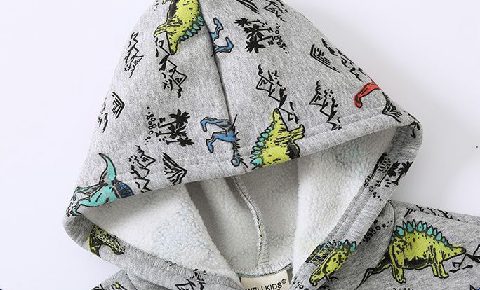 WELLKIDS - 加絨印花連帽長袖上衣/帽T-滿滿繽紛恐龍-灰色