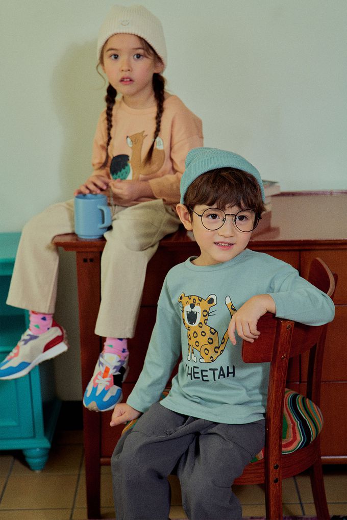 韓國 First Blue - 動物印花長袖上衣-松鼠-淺橘杏