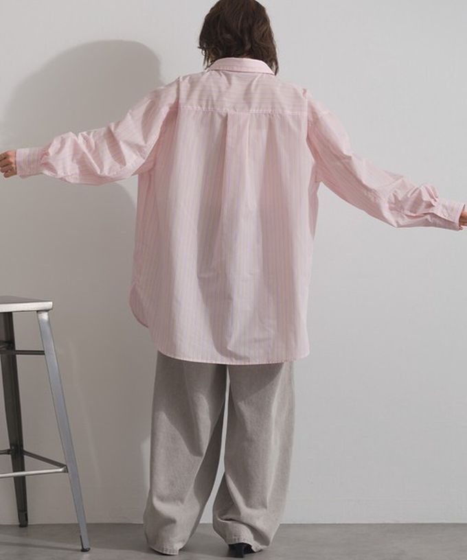 日本 ELENCARE DUE - 2way穿法俐落條紋寬版襯衫-粉紅