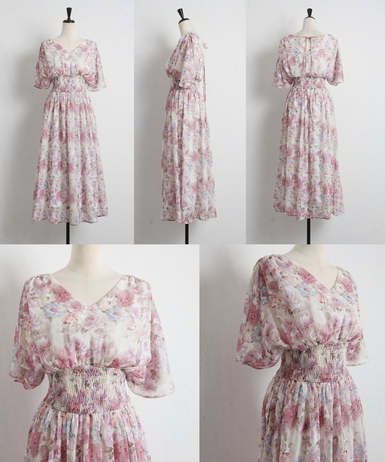 日本 tocco-closet - 後綁帶浪漫暈染碎花雪紡洋裝-水藍