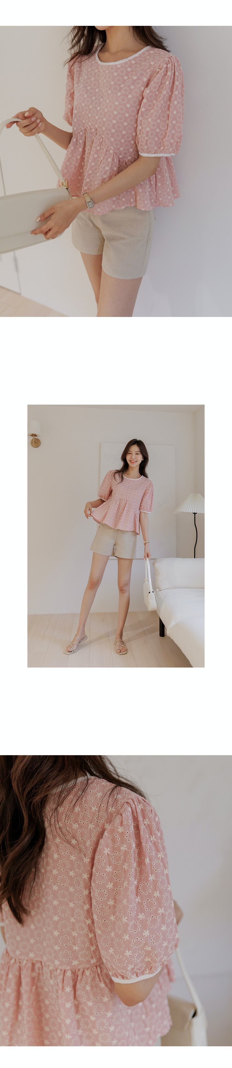 韓國 Urbantheroom - 花圈簍空拼接公主袖上衣-粉 (Free)