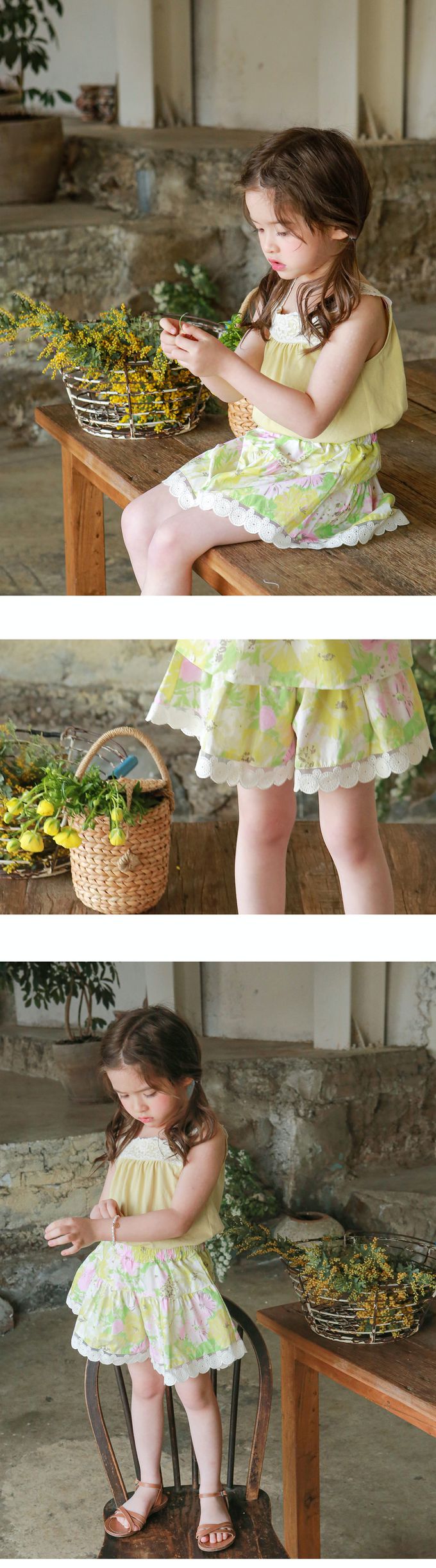 韓國 Puellaflo - 鬆緊腰花蘊蕾布拼接短褲-黃X綠