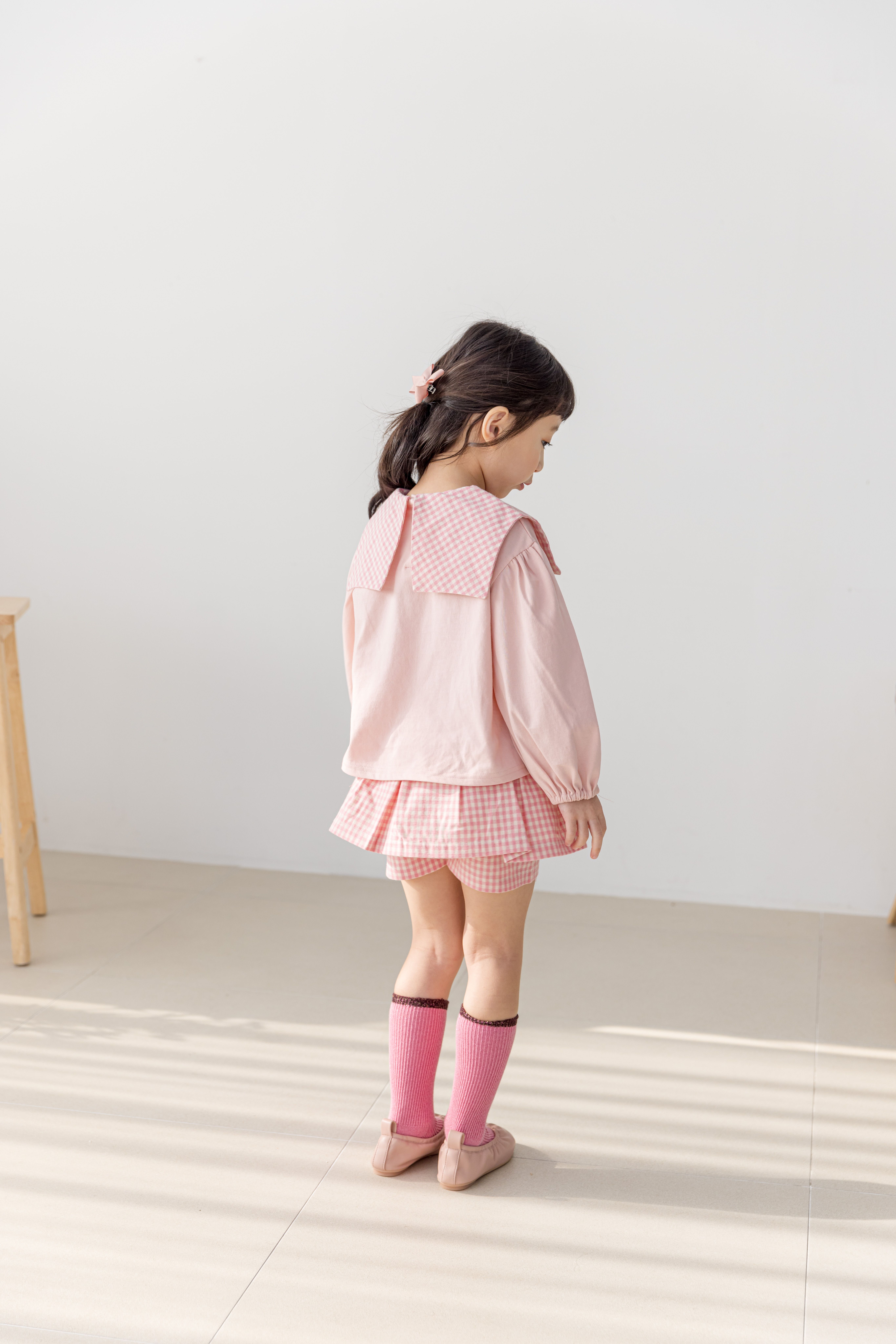 韓國 Orange Mom - 格子方領Hello泡泡袖上衣-粉紅