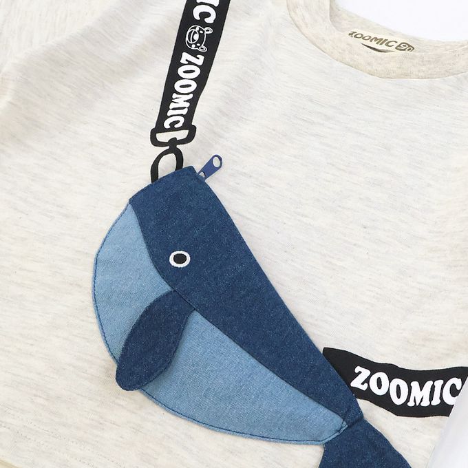 日本 ZOOLAND - 海洋印花短袖上衣-鯨魚口袋-淺灰