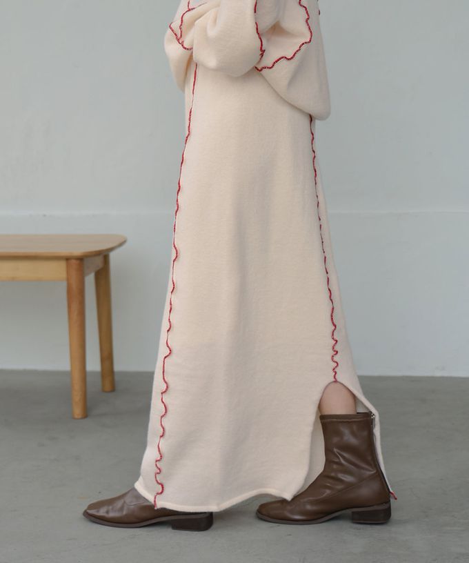 日本 Bab - 不規則狀色滾邊修身長裙-灰x深藍