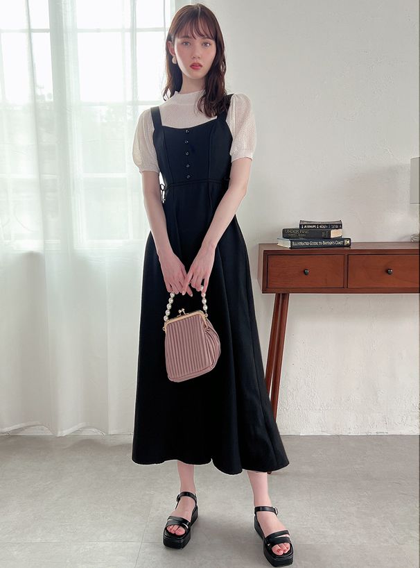 日本 GRL - 絕美氣質蝴蝶結吊帶洋裝-星塵黑