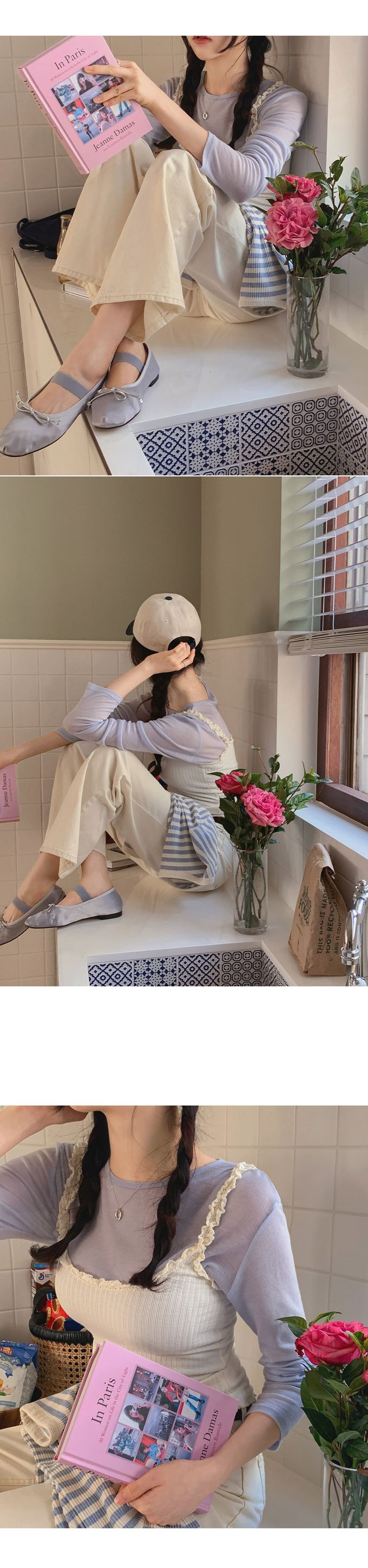 韓國女裝代購 - 換季必備！極簡薄透長袖上衣-灰藍 (FREE)