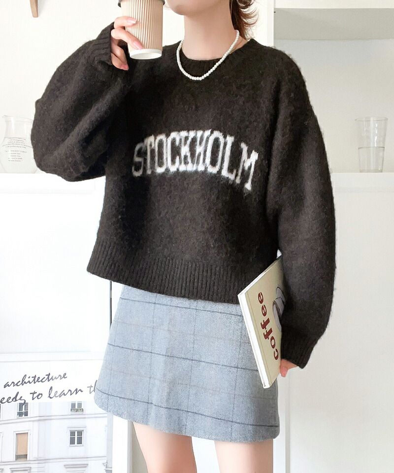 日本 Classical Elf - 印花柔軟毛絨短版毛衣-咖啡