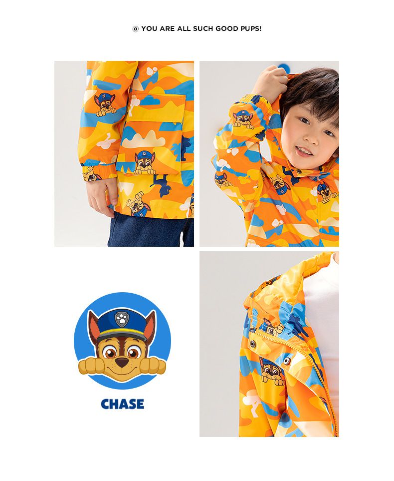 卡通汪汪隊連帽滿印衝鋒外套(單件入）-卡通人物阿奇+毛毛-紅色-不含搖粒絨內著