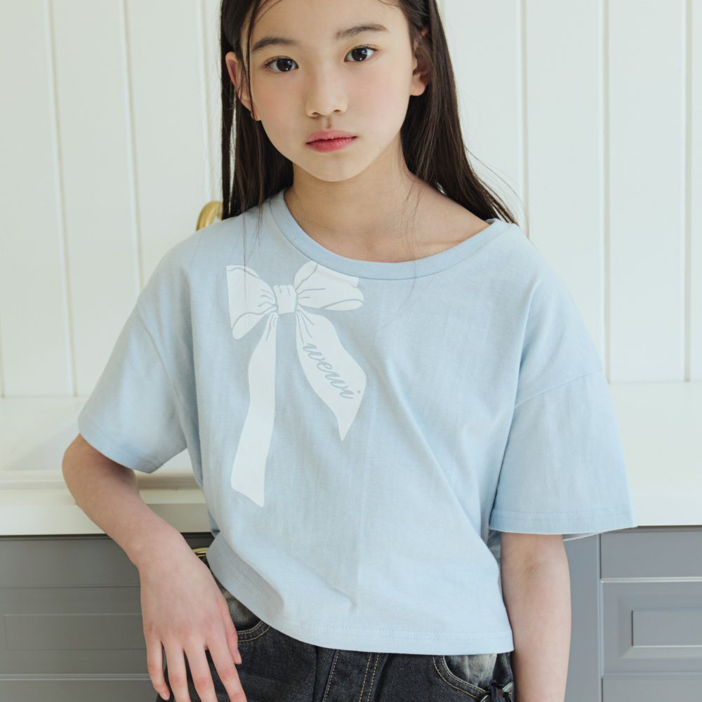sm2 大蝴蝶結印點綴純棉短袖上衣-天藍