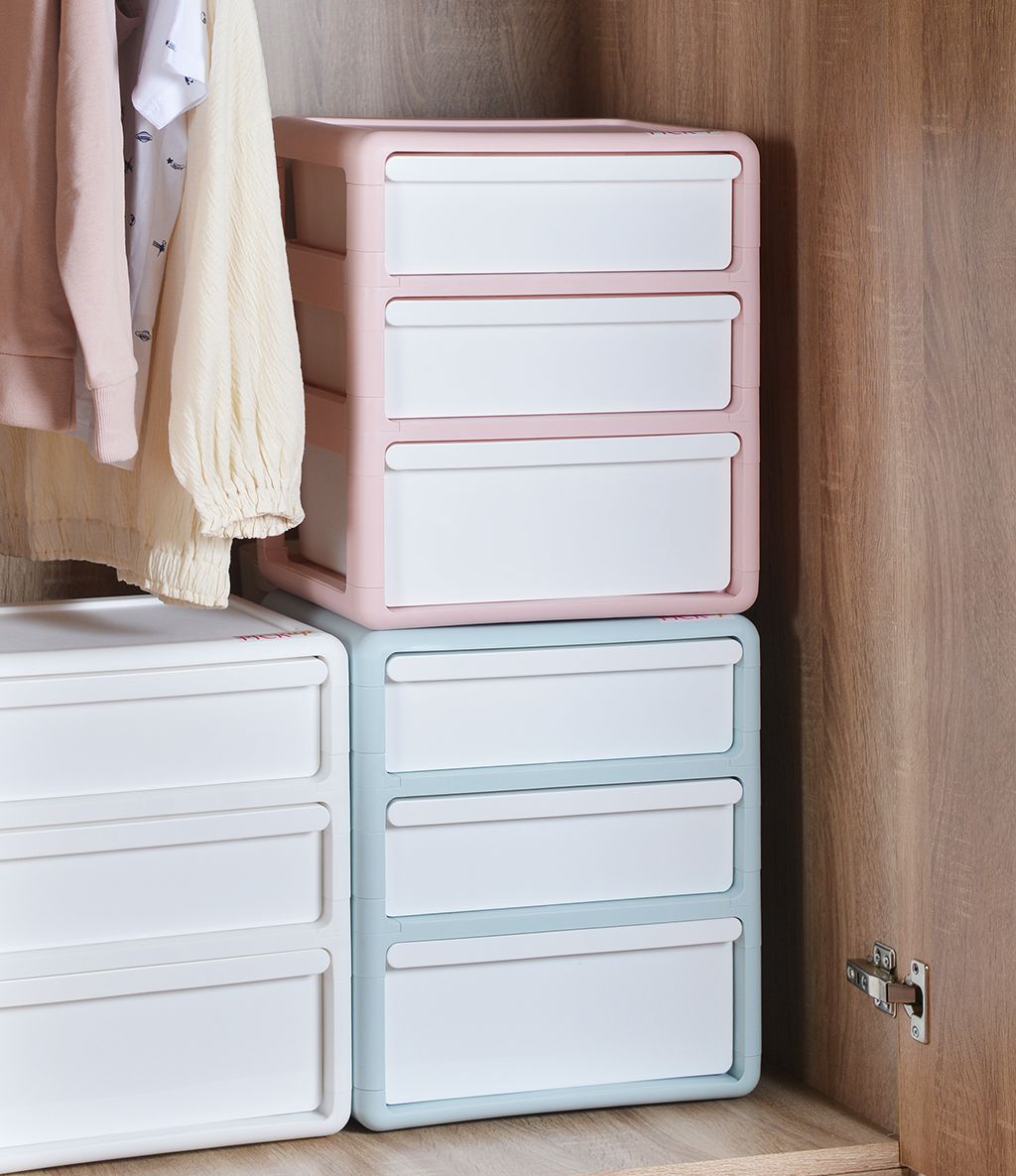 PICKup - 三層內衣/襪子分格抽屜收納櫃(2低1高抽)-DIY-粉紅