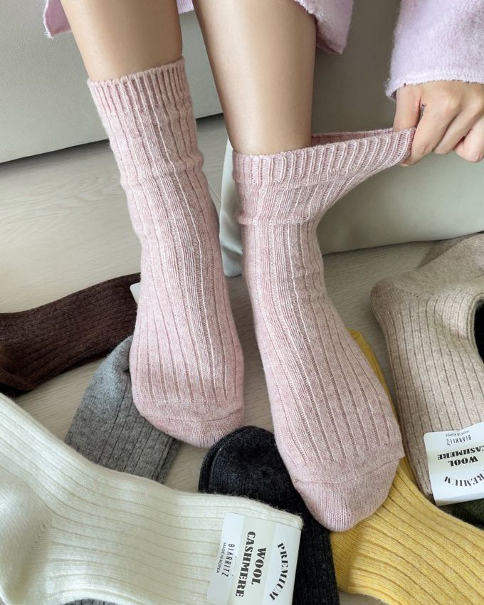韓國Marian - 直紋素色羊毛保暖襪-粉色 (Free)