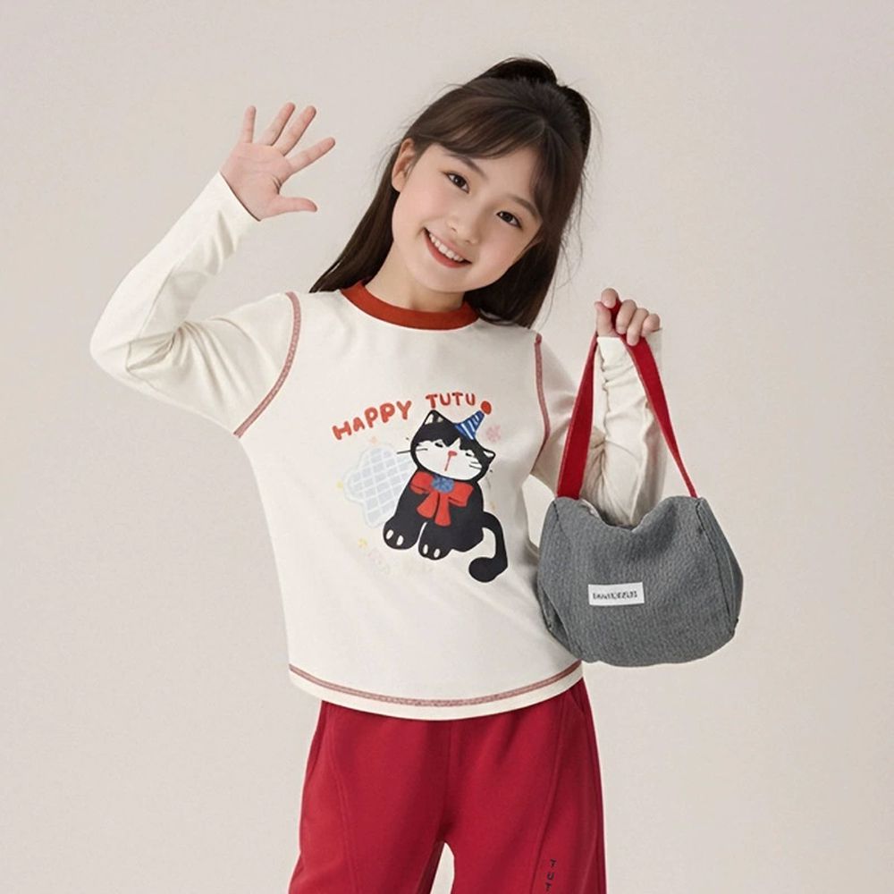 彈性拼色長袖上衣-可愛印花-米杏