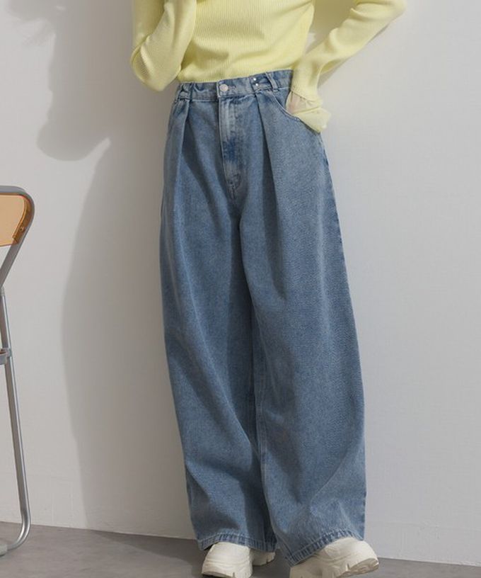 日本 ELENCARE DUE - 10oz 立體摺線後腰鬆緊牛仔褲-刷色黑