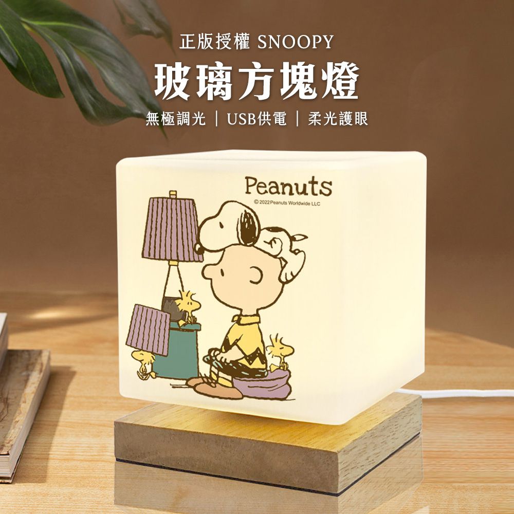 SNOOPY 柔光玻璃方塊LED夜燈/檯燈/情境燈/桌燈-溫馨時光