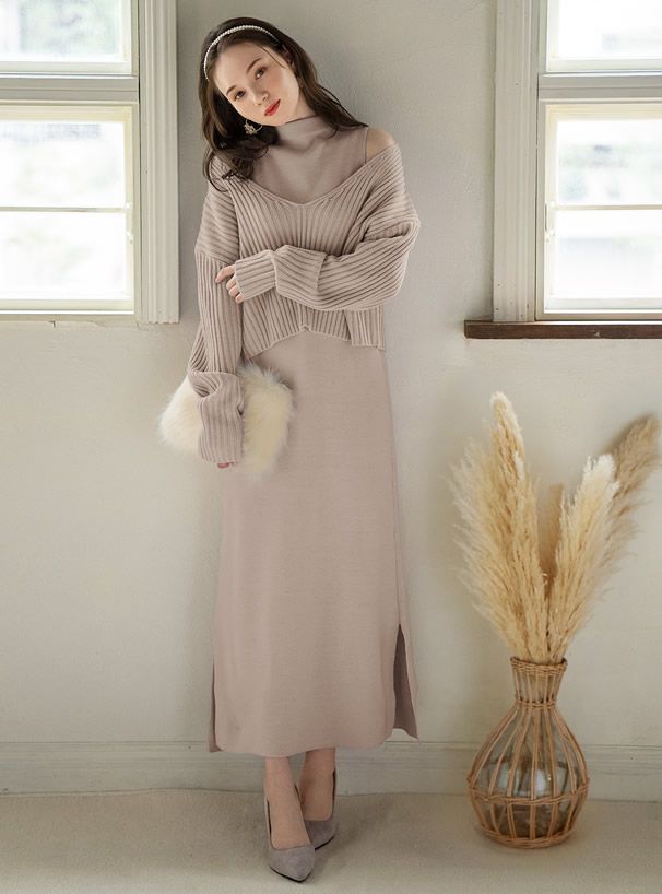 日本 GRL - V領針織上衣X無袖針織洋裝-紫