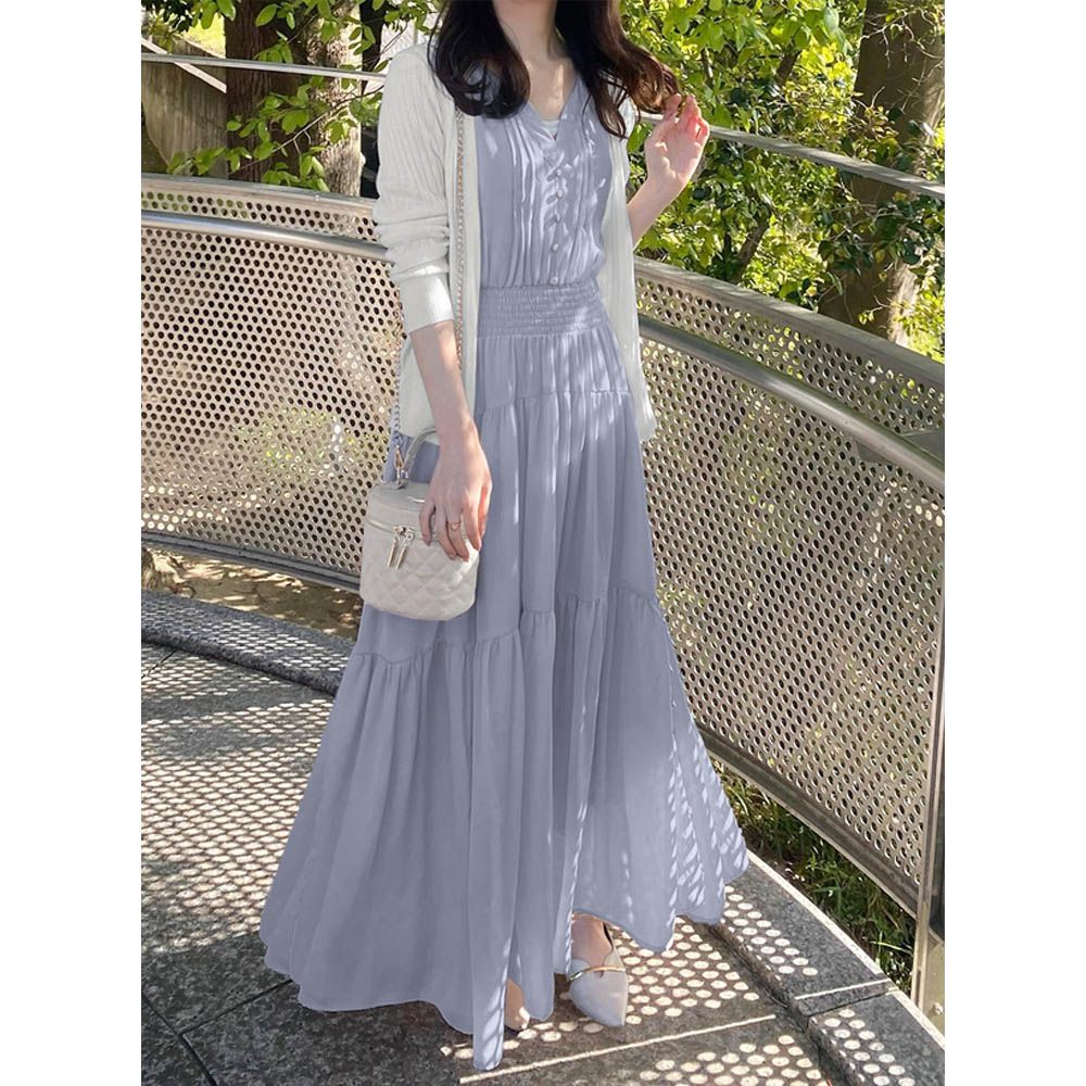 小V領氣質層次收腰無袖洋裝-淺灰藍
