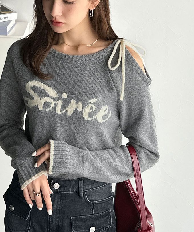 日本 Classical Elf - mily bilet 露肩綁帶唯美文字針織上衣-象牙